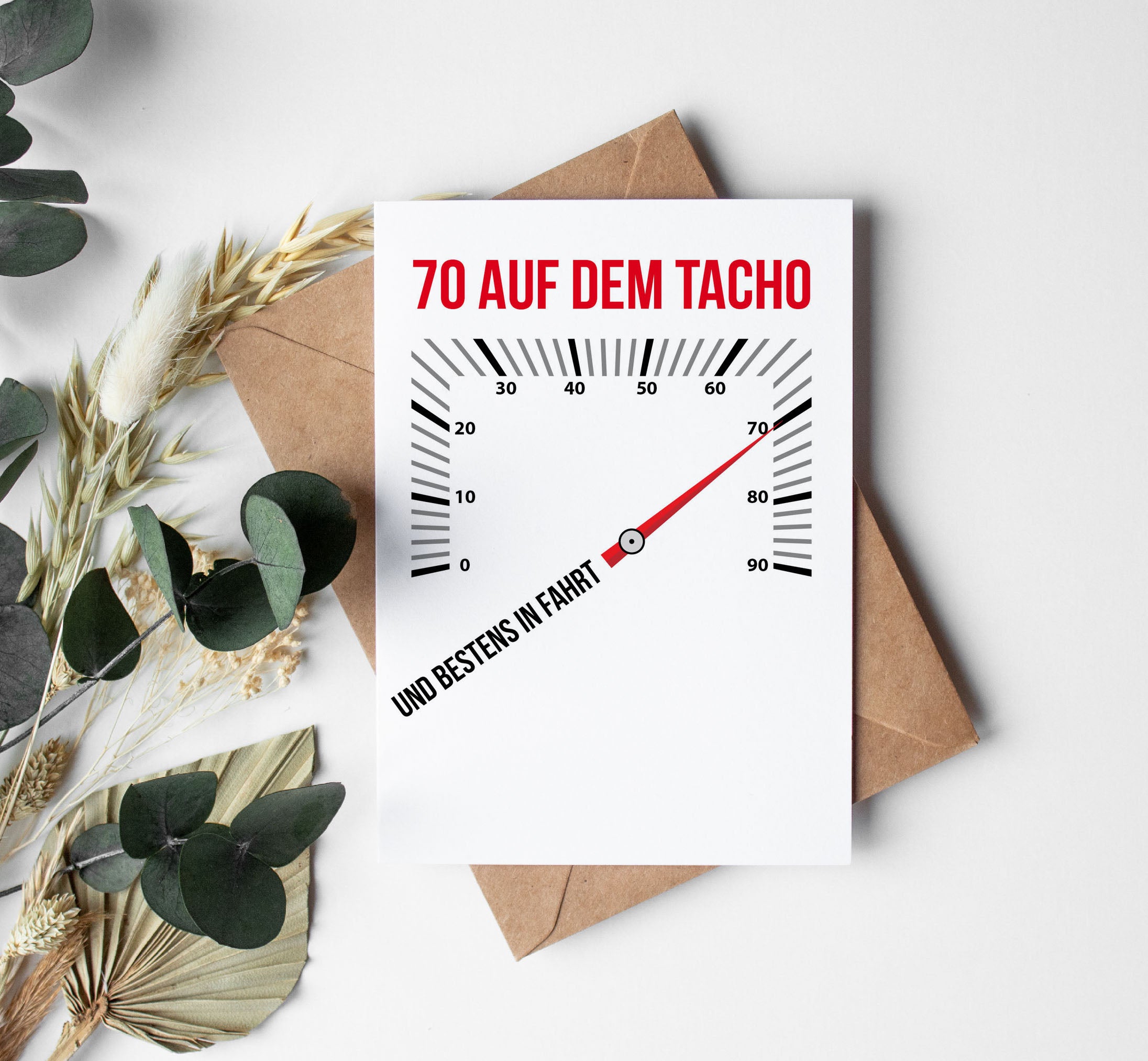 Glückwunsch Postkarte zum 70. Geburtstag – 70 auf dem Tacho… und bestens in Fahrt